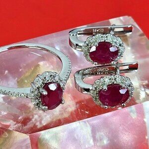 925 Sterling Silver Set, Ring & Earrings with Natural Ruby & NATURAL 52 DIAMONDS